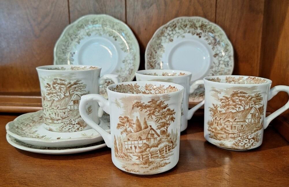 J&G Meakin Romantic England Cup Saucer 4 Sets Green Brown Anne Hathaway Cottage